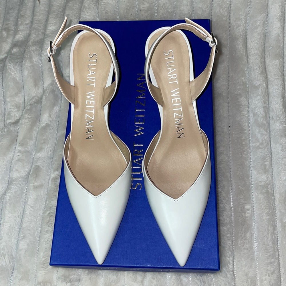 Stuart Weitzman Julia 75 Pointed Slingback White Pump in Smooth Calf Leather